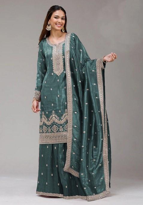 Teal Blue Embroidery Gold Crush Salwar Suit