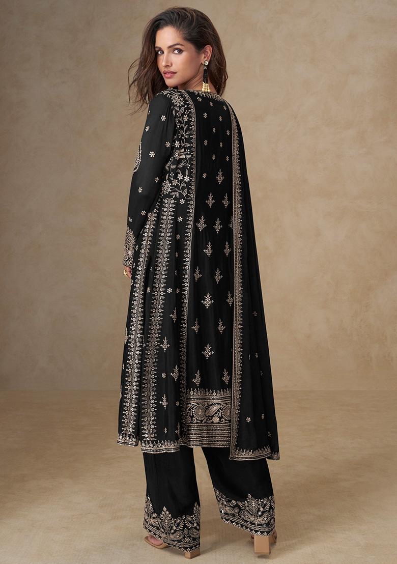 Black Sequence Work Chinon Salwar Suit - Indya
