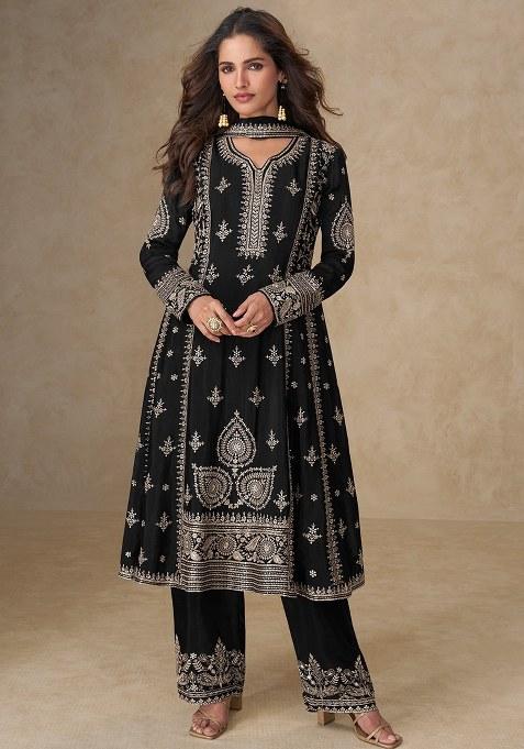 Black Sequence Work Chinon Salwar Suit
