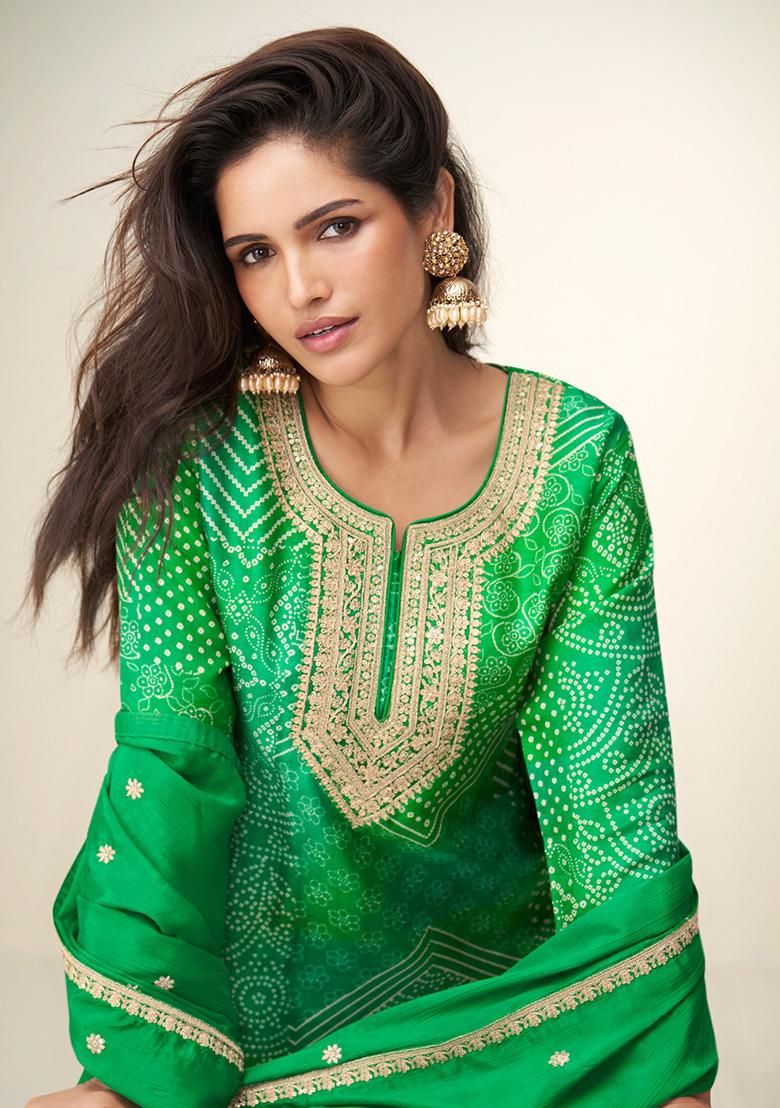 Green Printed Chinon Salwar Suit - Indya