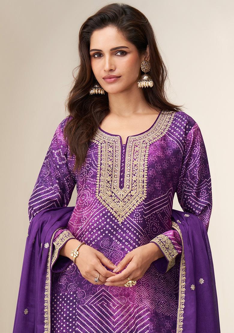Violet Printed Chinon Salwar Suit - Indya