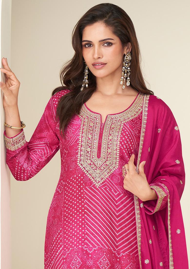 Pink Printed Chinon Salwar Suit - Indya