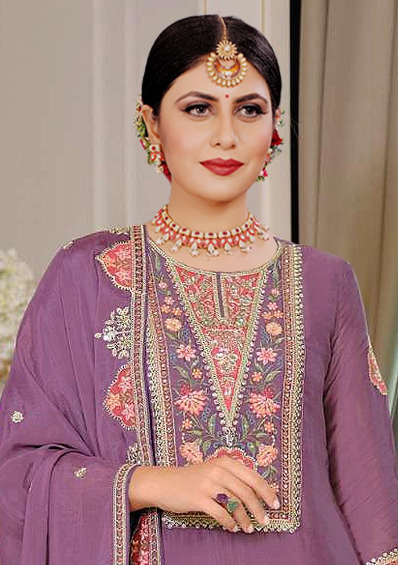 Purple Embroidery Chinon Salwar Suit - Indya