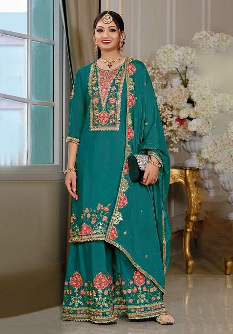 Rama Green Embroidery Chinon Salwar Suit