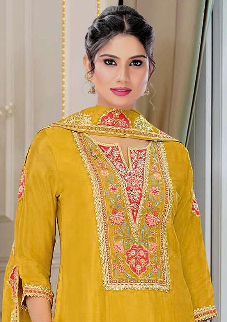 Yellow Embroidery Chinon Salwar Suit - Indya