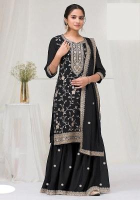 Black Embroidery Vichitra Salwar Suit
