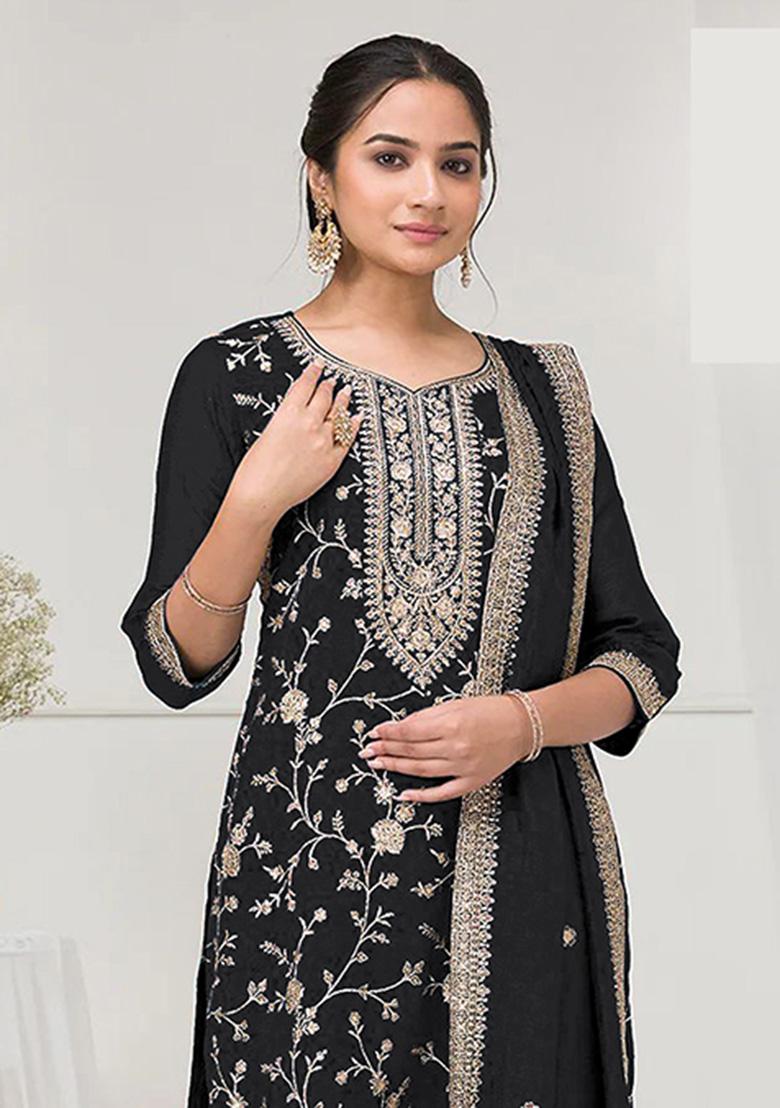 Black Embroidery Vichitra Salwar Suit - Indya