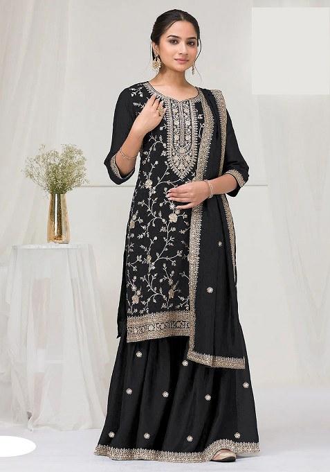 Black Embroidery Vichitra Salwar Suit