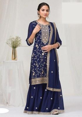Blue Embroidery Vichitra Salwar Suit