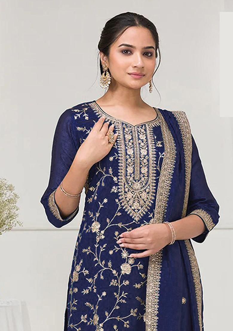 Blue Embroidery Vichitra Salwar Suit - Indya