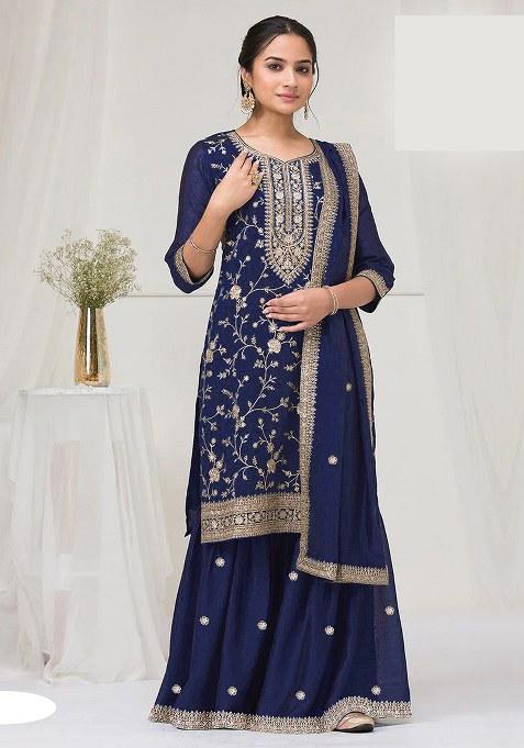 Blue Embroidery Vichitra Salwar Suit