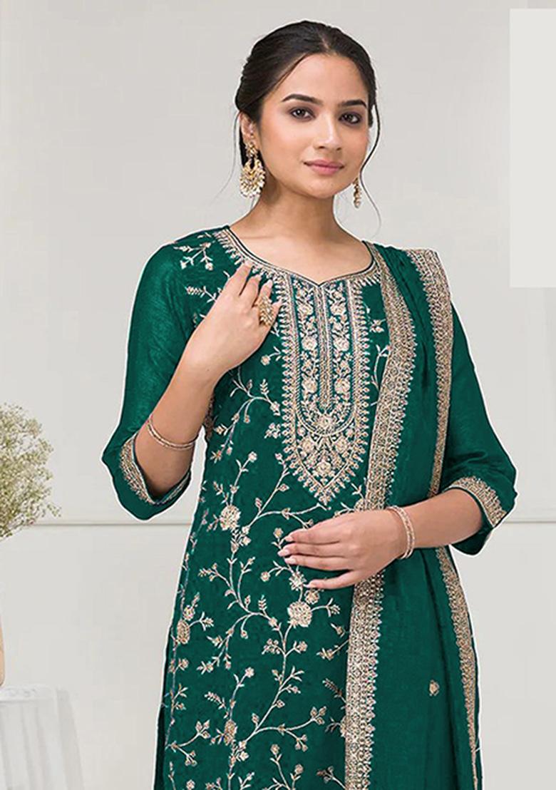 Green Embroidery Vichitra Salwar Suit - Indya