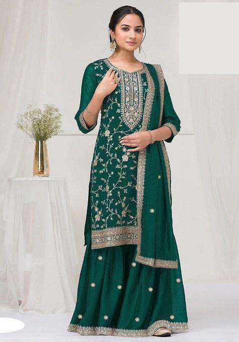 Green Embroidery Vichitra Salwar Suit