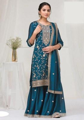 Rama Blue Embroidery Vichitra Salwar Suit