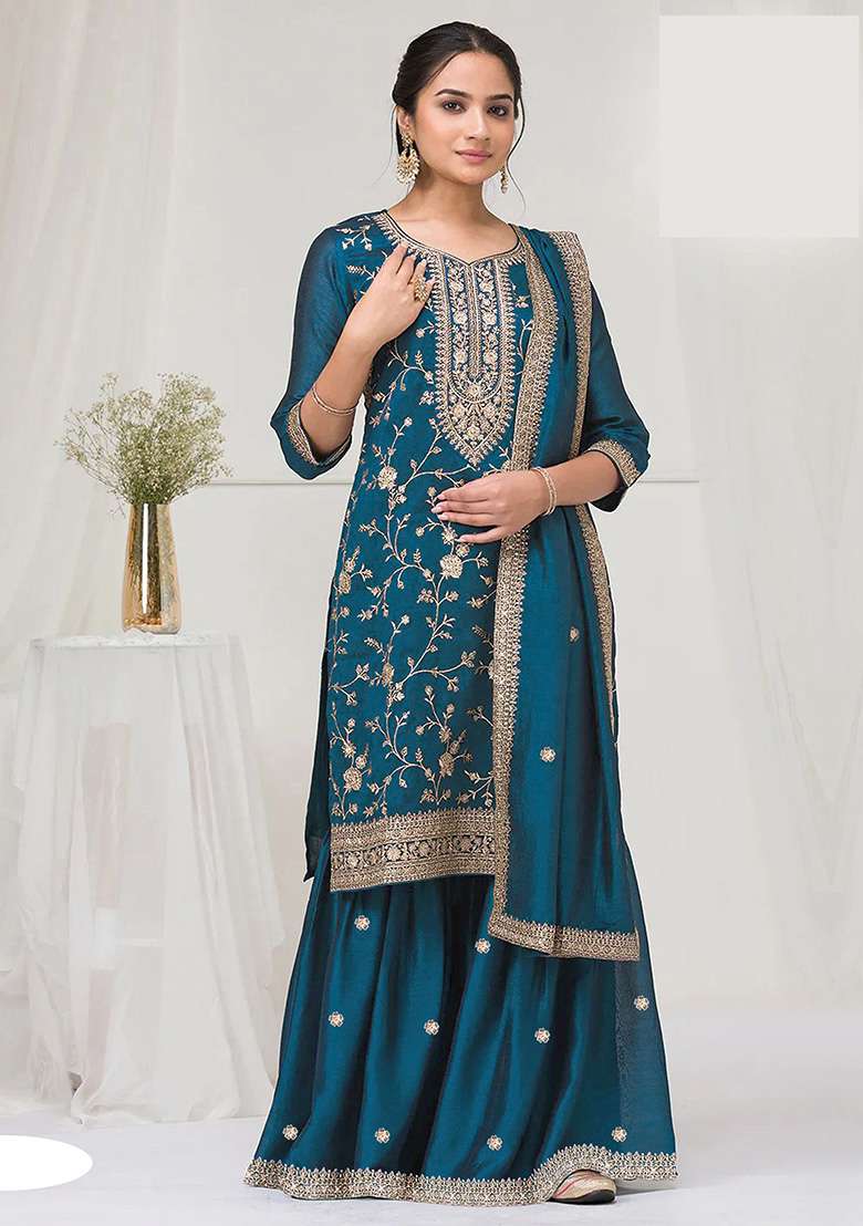 Rama Blue Embroidered Vichitra Sharara Set - Indya