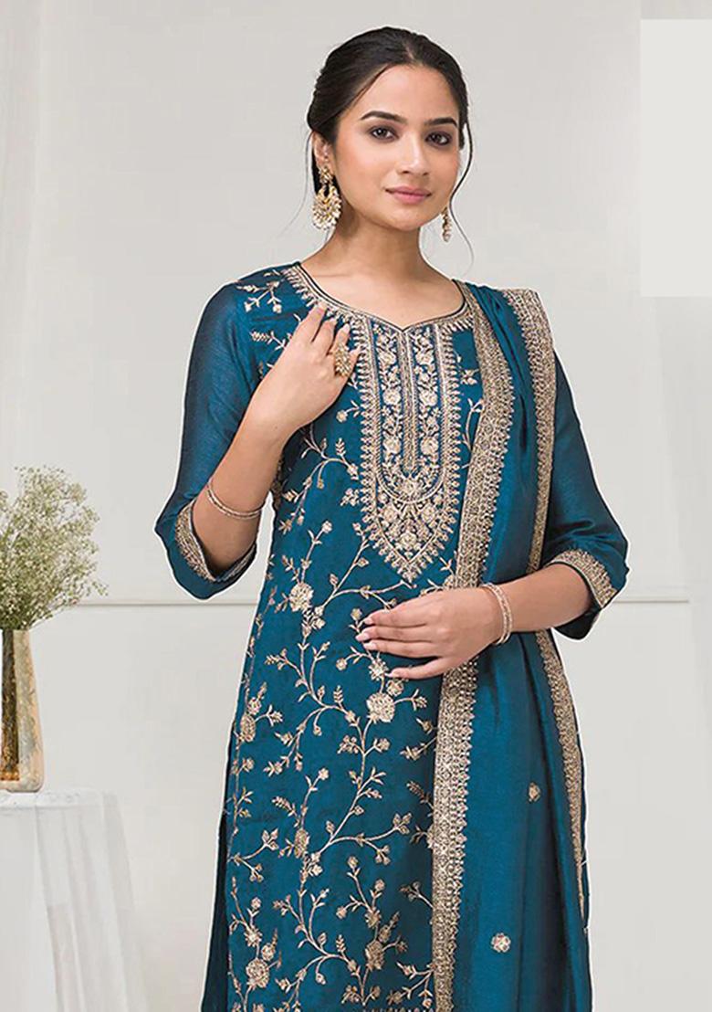 Rama Blue Embroidery Vichitra Salwar Suit - Indya