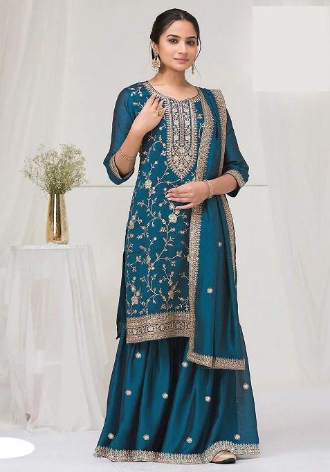 Rama Blue Embroidery Vichitra Salwar Suit