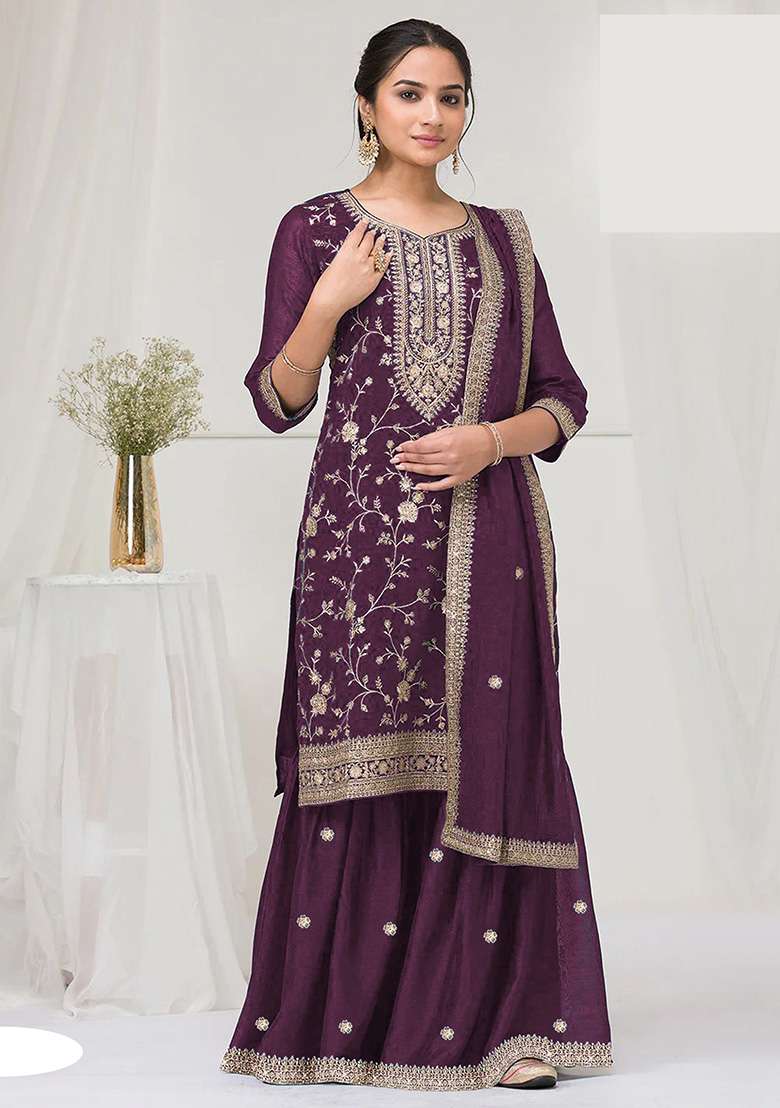 Wine Embroidered Vichitra Sharara Set - Indya