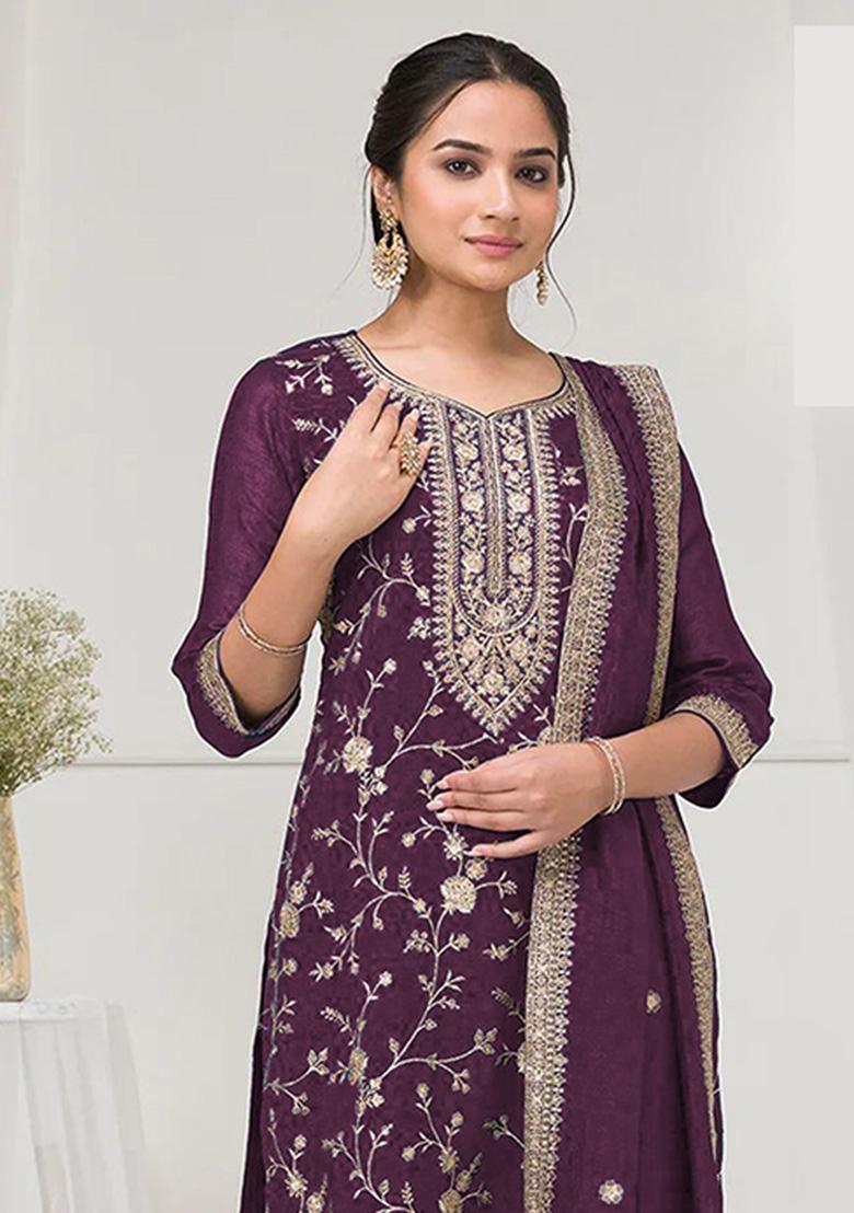 Wine Embroidery Vichitra Salwar Suit - Indya