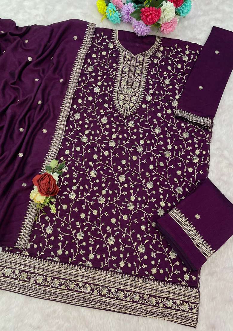 Wine Embroidered Vichitra Sharara Set - Indya