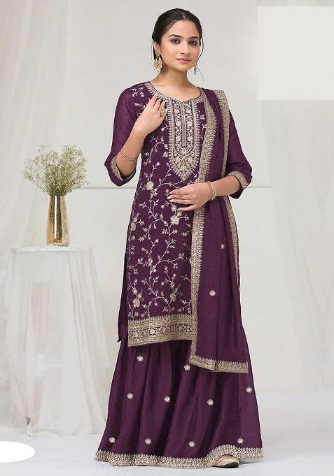 Wine Embroidery Vichitra Salwar Suit