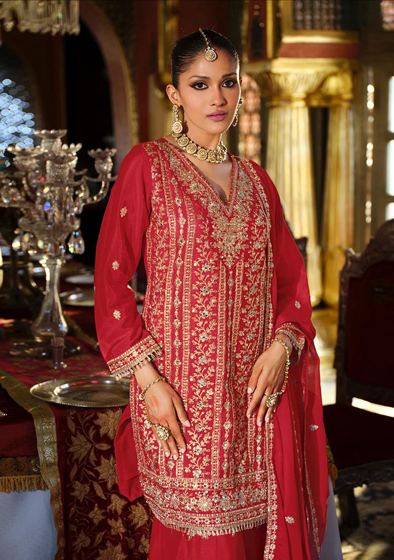 Red Sequence Work Chinon Salwar Suit - Indya