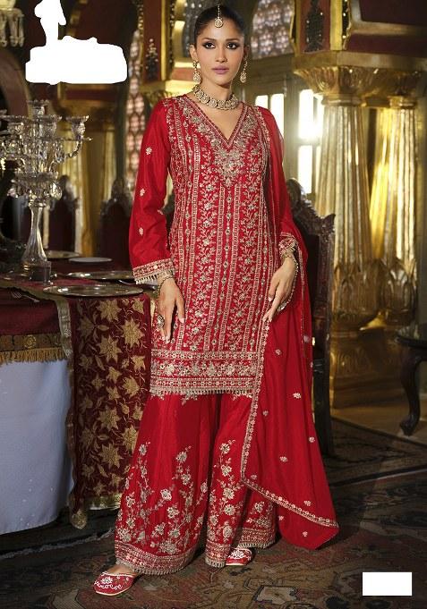 Red Sequence Work Chinon Salwar Suit