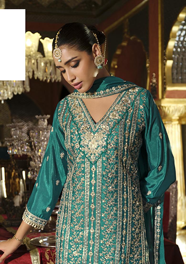 Green Sequence Work Chinon Salwar Suit - Indya