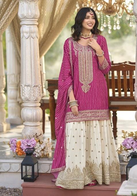 Pink Embroidered Chinon Sharara Set