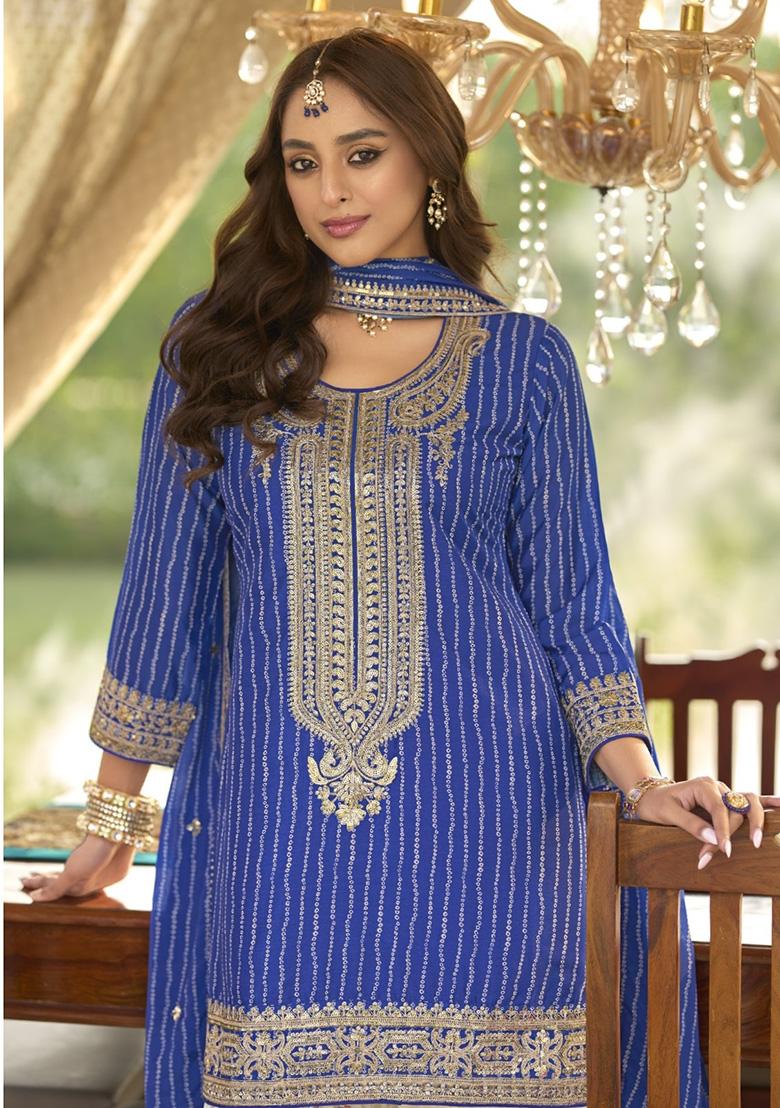 Blue Printed Chinon Salwar Suit - Indya