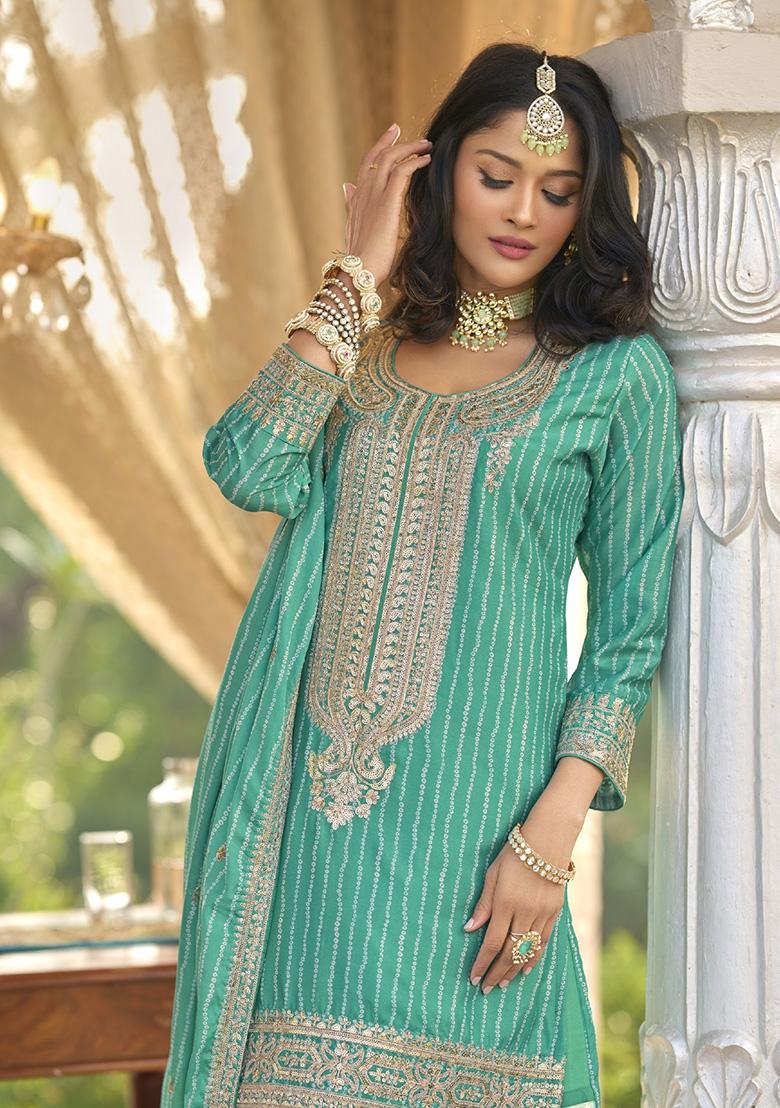 Green Printed Chinon Salwar Suit - Indya