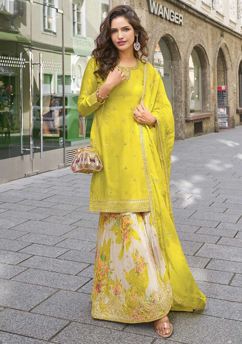 Lemon Embroidered Chinon Sharara Set - Indya