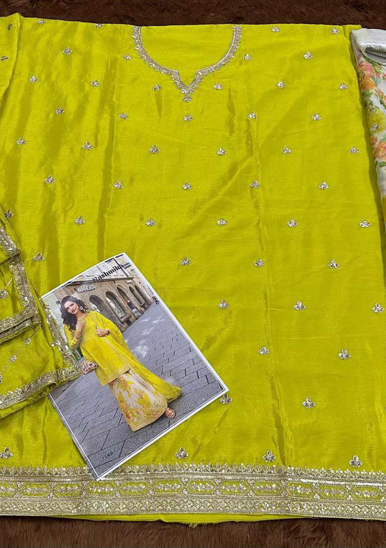 Lemon Embroidered Chinon Sharara Set - Indya