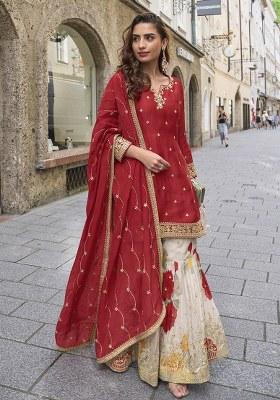Red Printed Chinon Salwar Suit