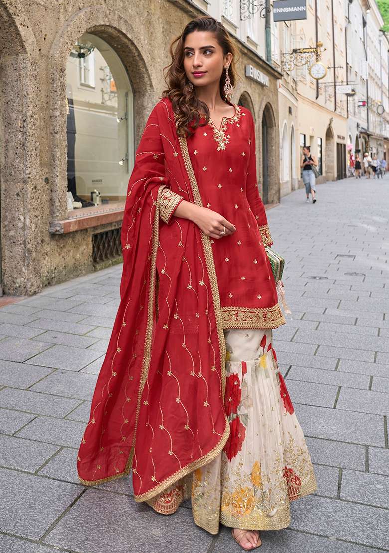 Red Embroidered Chinon Sharara Set - Indya
