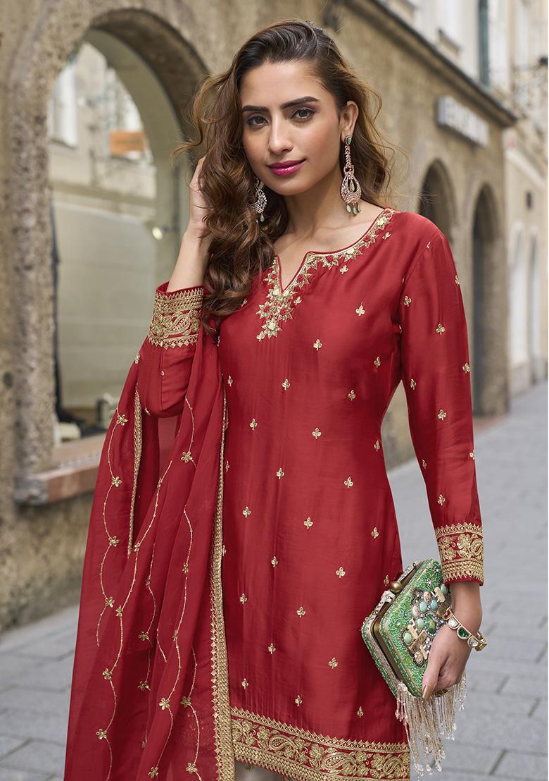 Red Printed Chinon Salwar Suit - Indya