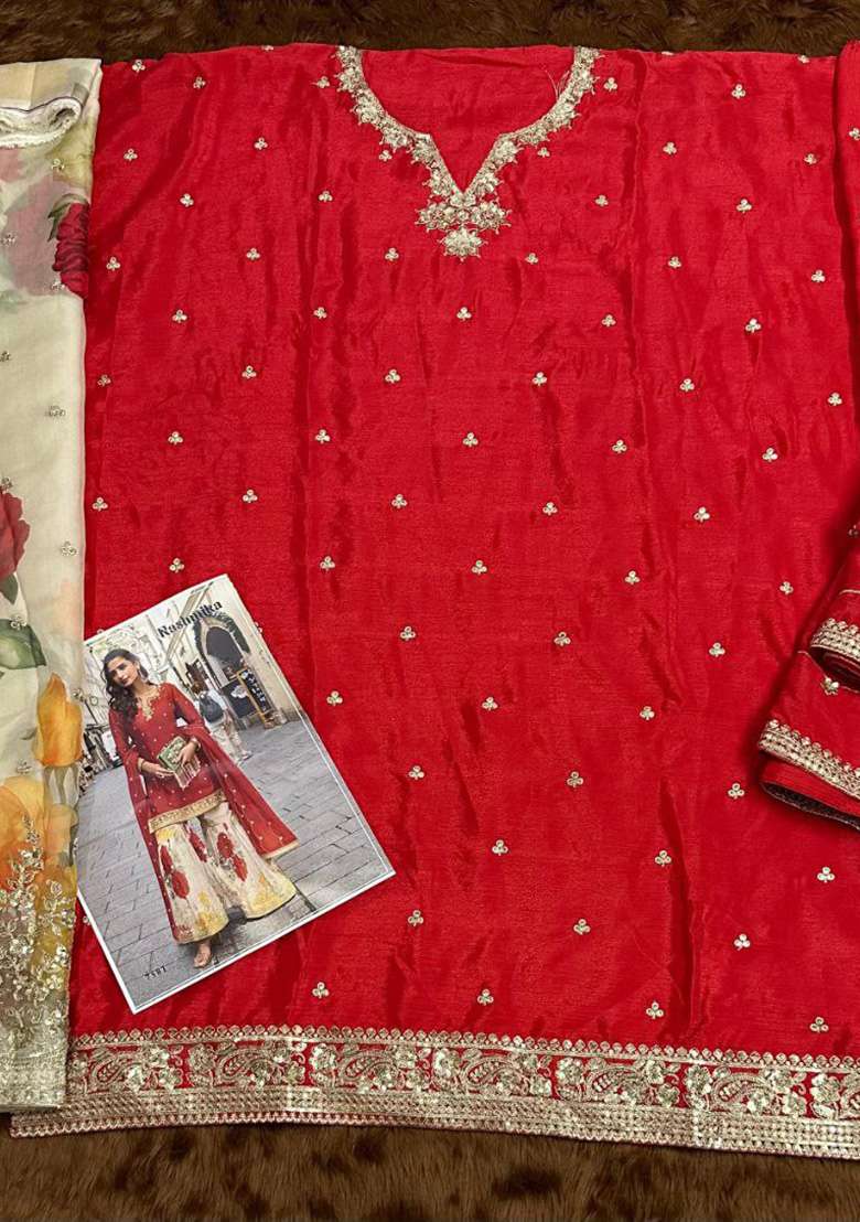Red Embroidered Chinon Sharara Set - Indya