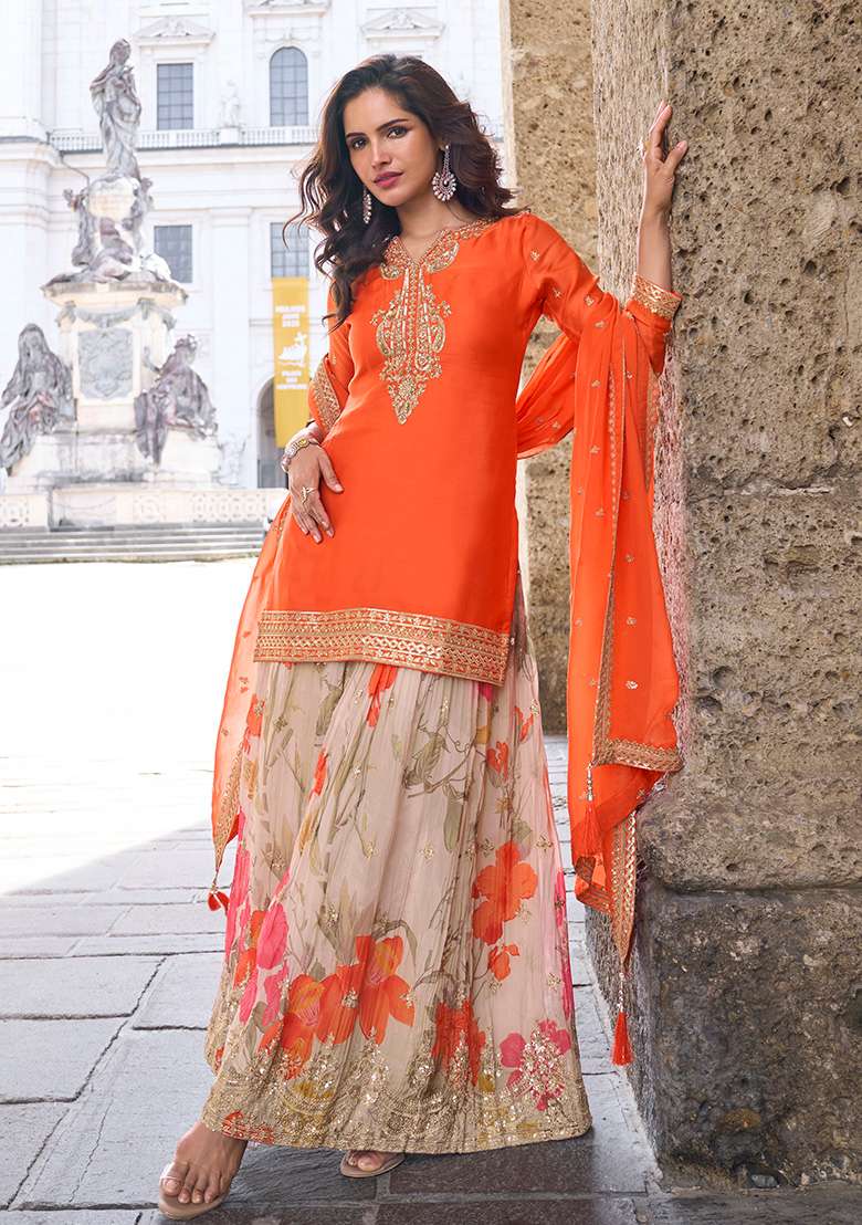 Orange Embroidered Chinon Sharara Set - Indya