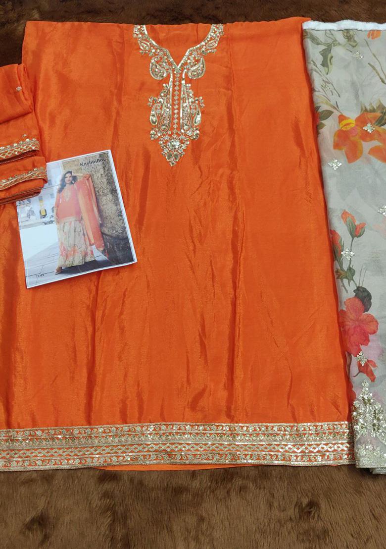 Orange Printed Chinon Salwar Suit - Indya