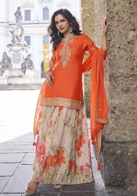 Orange Printed Chinon Salwar Suit