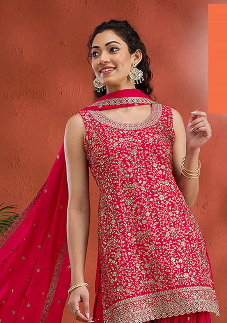 Red Embroidery Georgette Salwar Suit - Indya