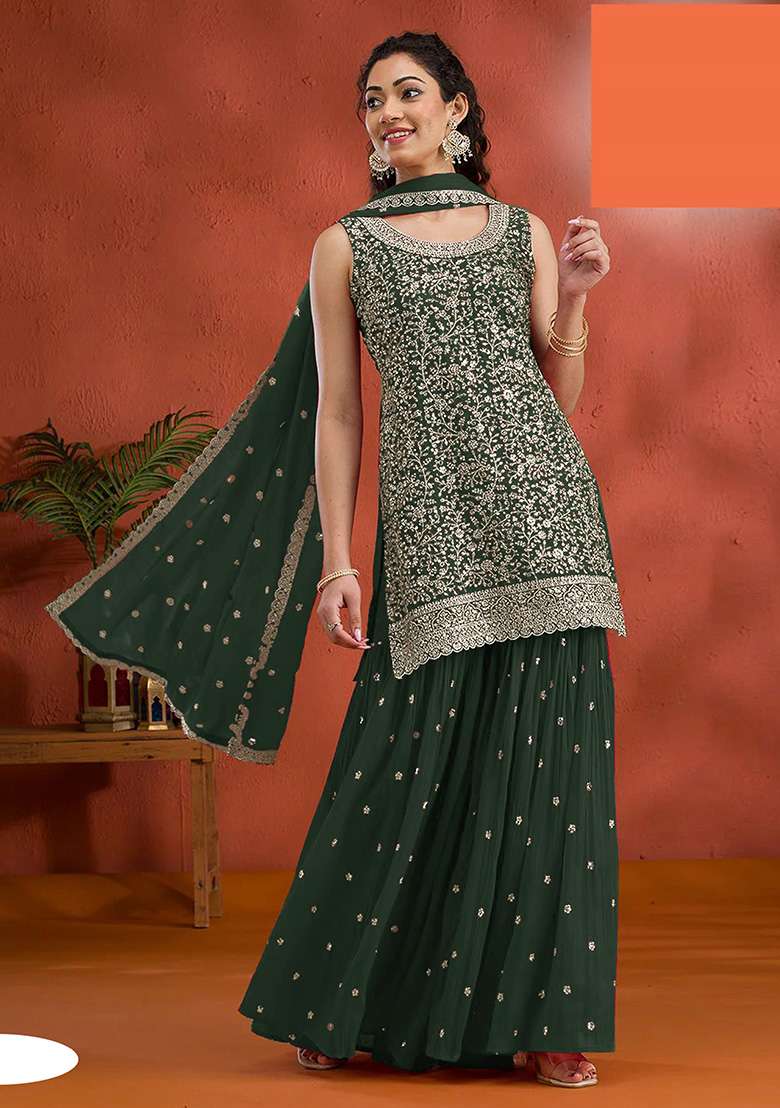 Green Embroidered Georgette Sharara Set - Indya