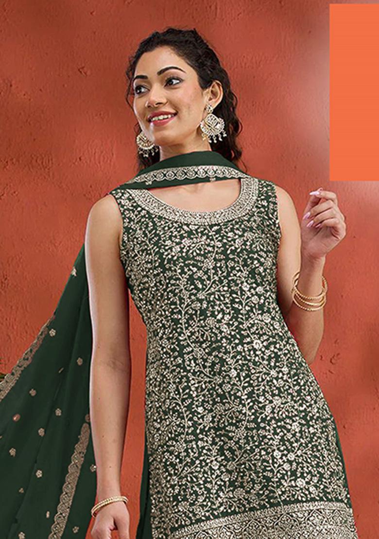 Green Embroidery Georgette Salwar Suit - Indya