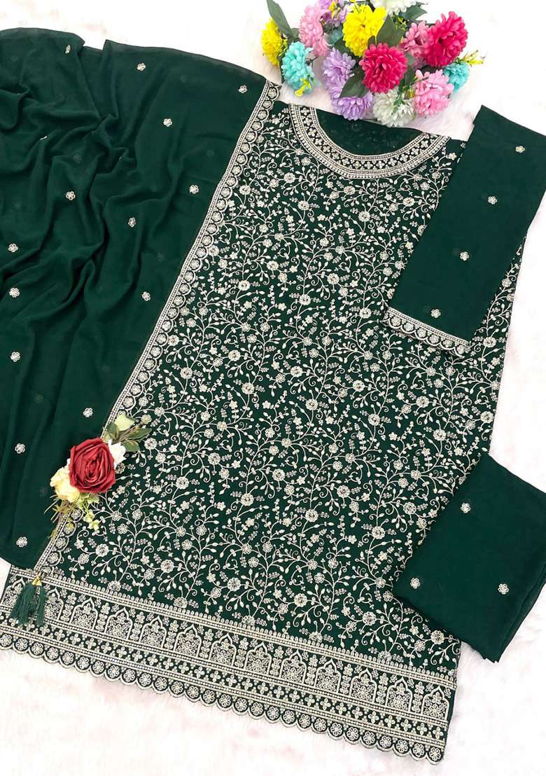 Green Embroidered Georgette Sharara Set - Indya