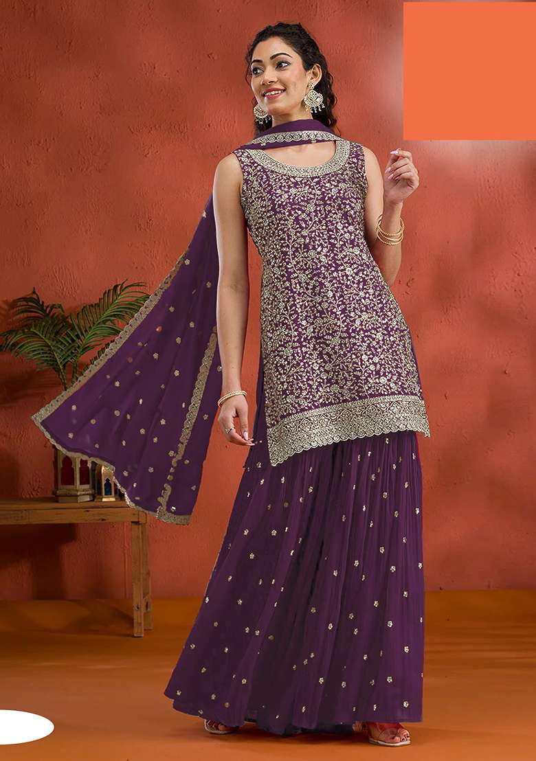Wine Embroidered Georgette Sharara Set - Indya