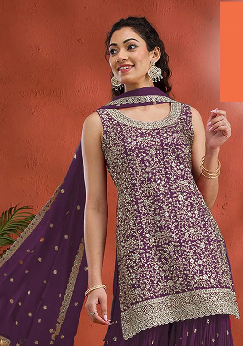 Wine Embroidery Georgette Salwar Suit - Indya