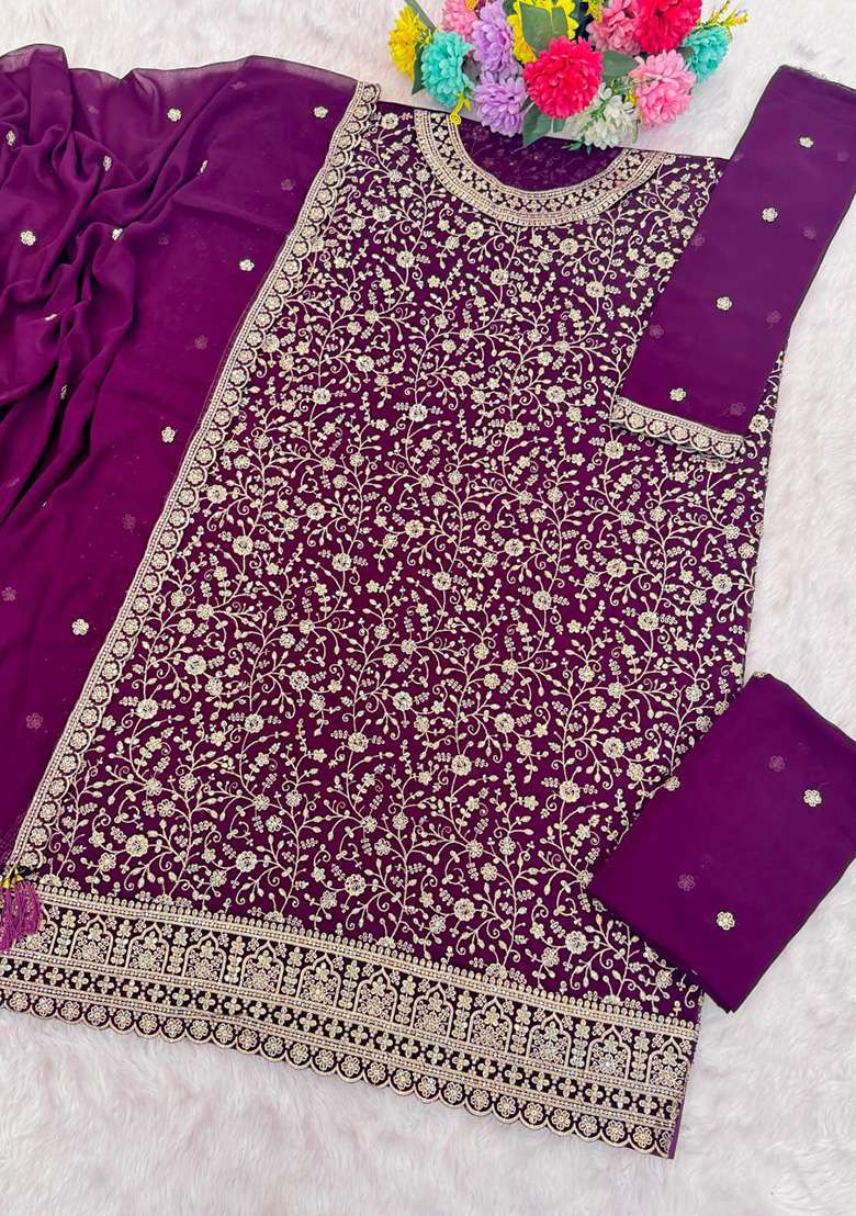 Wine Embroidered Georgette Sharara Set - Indya