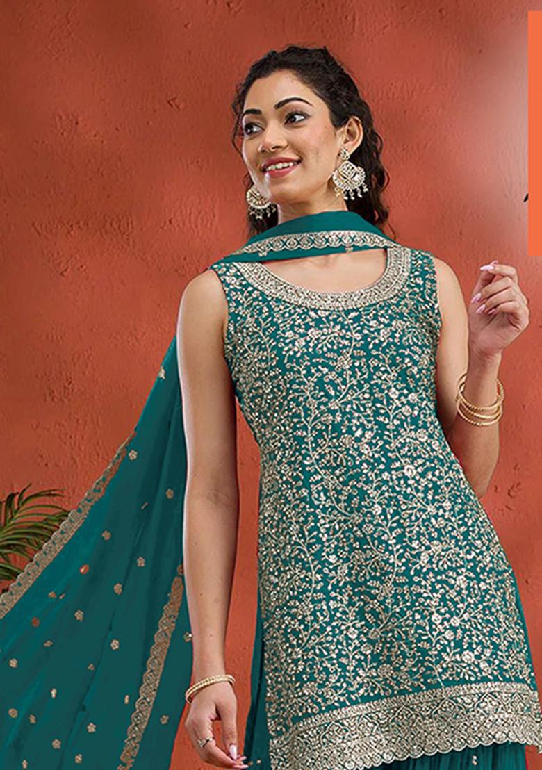 Rama Blue Embroidery Georgette Salwar Suit - Indya