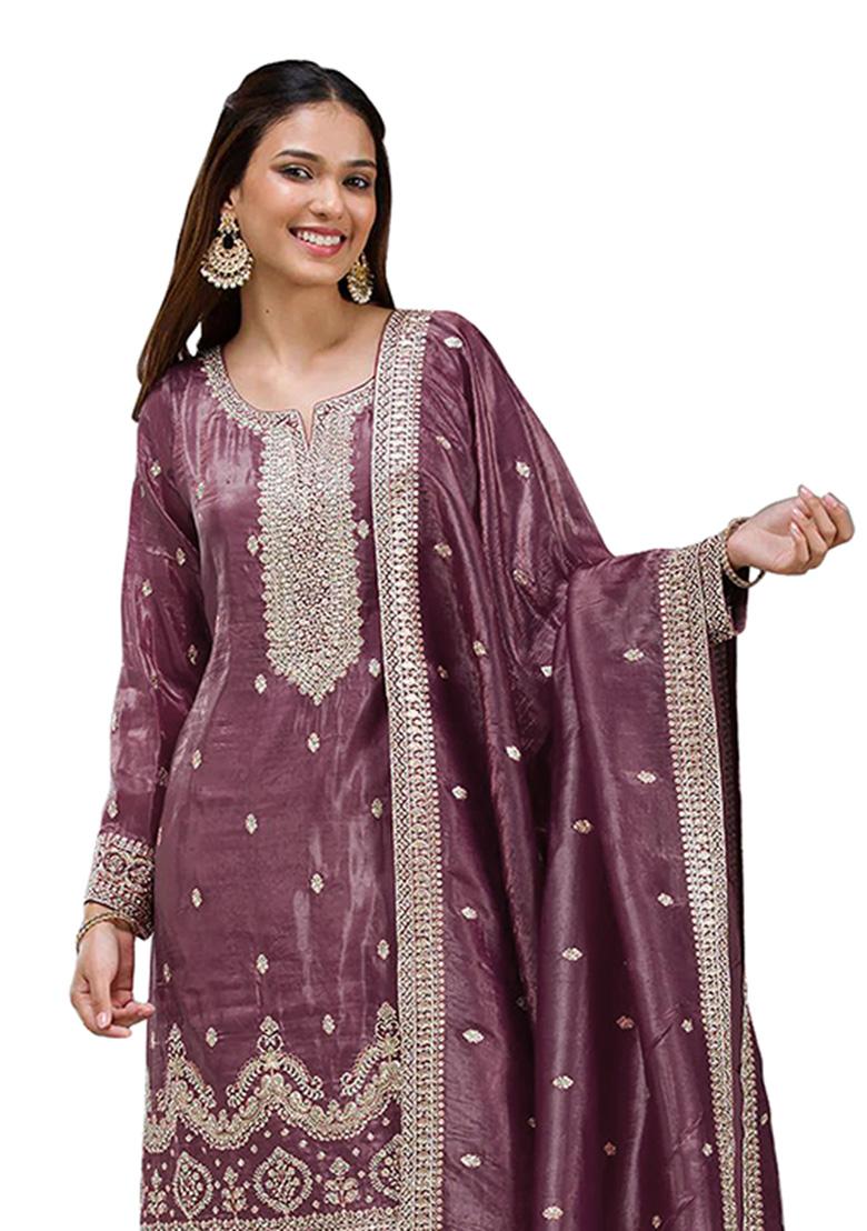 Onion Pink Embroidery Gold Crush Salwar Suit - Indya