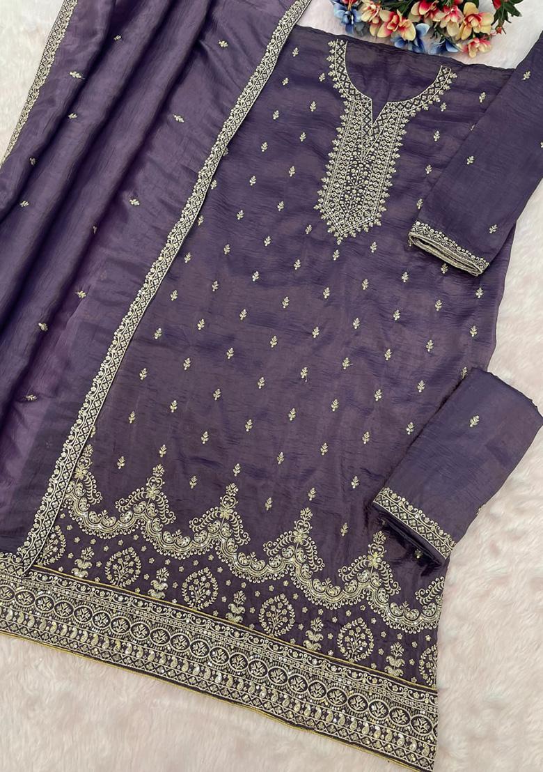 Lavender Embroidery Gold Crush Salwar Suit - Indya